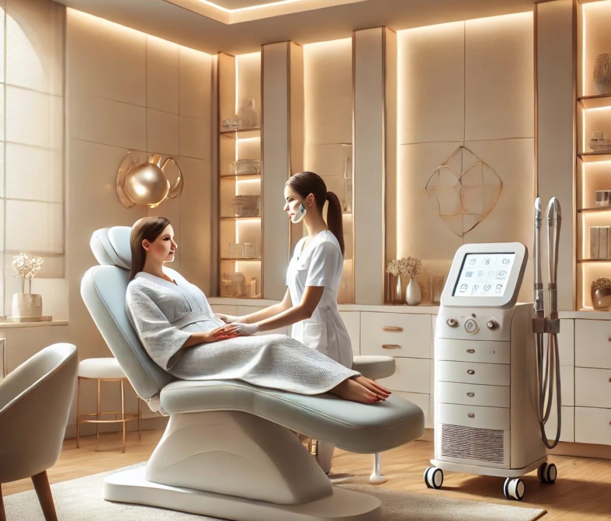 A-serene-modern-interior-of-a-medical-spa-featuring-a-soft-welcoming-color-palette-with-clean-minimalist-design.-A-medical-technician-in-a-professi